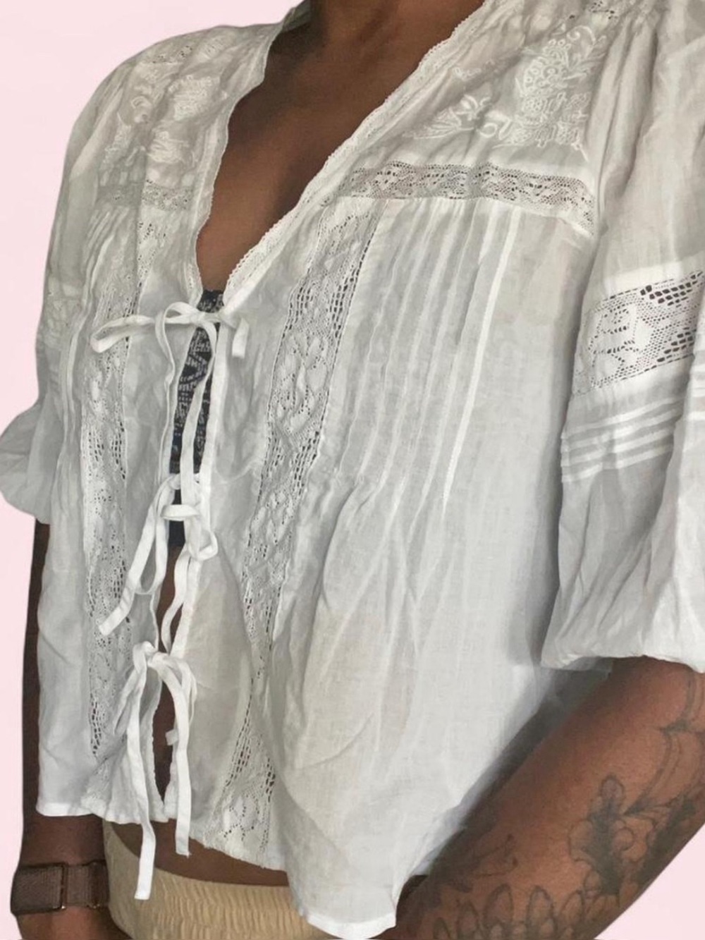 Joie Boho Cottagecore Coquette White Embroidered Tie-Front Cotton Blouse Size S - Picture 6 of 7